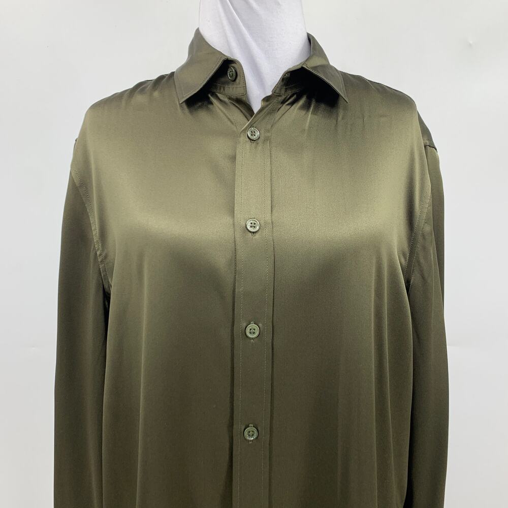 Lilysilk Shirt Womens 12 Dark Olive Mulberry Silk Satin Button Up Long Sleeve - Picture 3 of 11